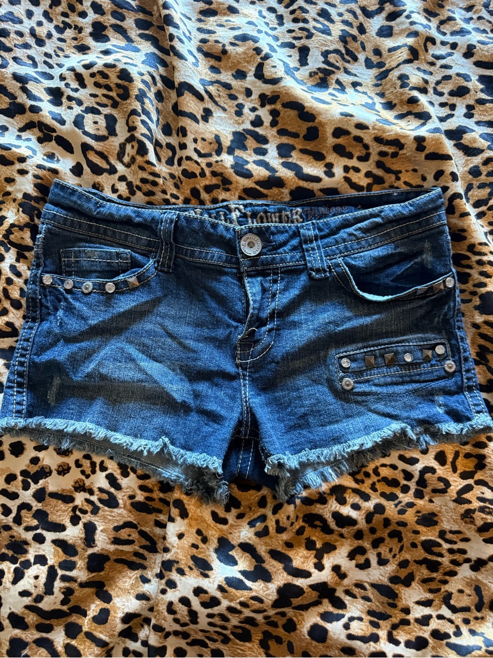 Wallflower Dark Blue Frayed Hem Jean Shorts with Stud Accents
